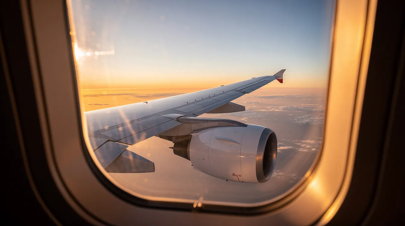 The image shows a stunning view from a plane window, featuring the wing and engine of an aircraft silhouetted against a vibrant sunset sky filled with clouds. This picturesque scene captures the essence of flying, making it a memorable moment for passengers seated in economy class.