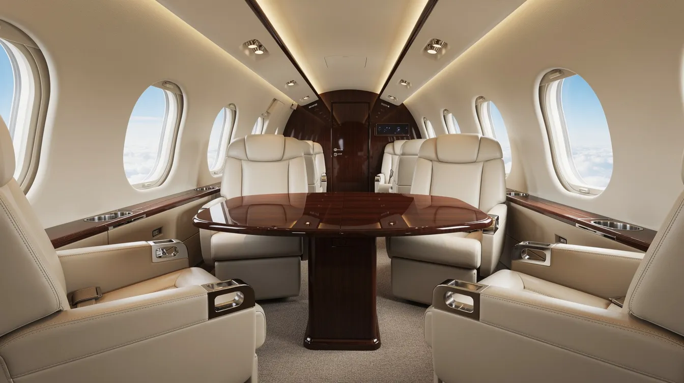 The image showcases a spacious private jet cabin interior, featuring cream leather seats arranged around a polished wood table, with large oval plane windows providing stunning views of the clouds outside. This luxurious setting is designed for comfort and elegance, making it ideal for passengers flying in style.