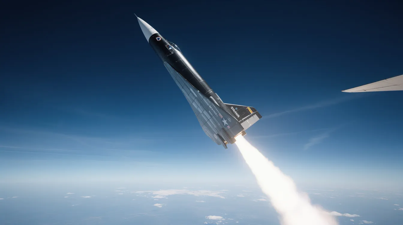 A vintage rocket-powered research aircraft is depicted climbing steeply against a deep blue sky, with the faint curvature of the Earth visible in the background. This image captures the spirit of exploration and the challenge of pushing humanity's understanding of speed and flight, reminiscent of NASA's pioneering designs.