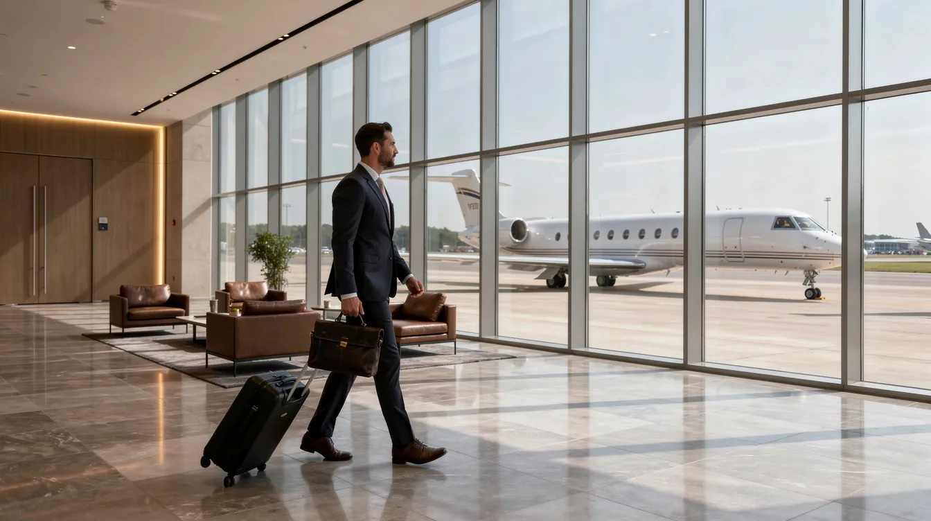 A business traveler walks through a sleek private aviation terminal, with a small jet visible through the large window, highlighting the exclusive atmosphere of air travel. The scene conveys a sense of luxury and comfort associated with flying, particularly for those seeking greater comfort and space during their journey.
