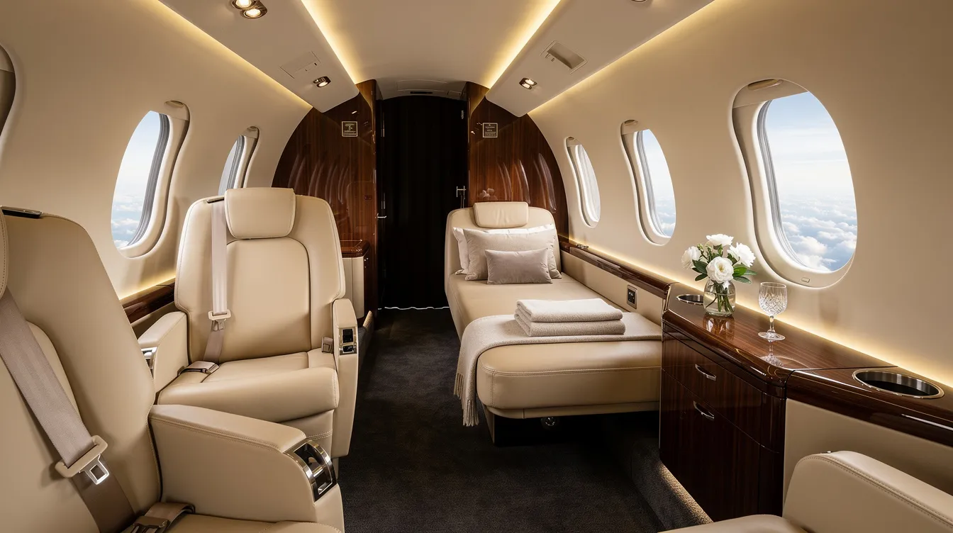 The image showcases a luxurious private jet cabin interior featuring plush leather seats and a lie-flat divan bed, designed for maximum comfort during long haul flights. The elegant space includes adjustable leg rests and a custom fitted mattress pad for an exclusive travel experience.