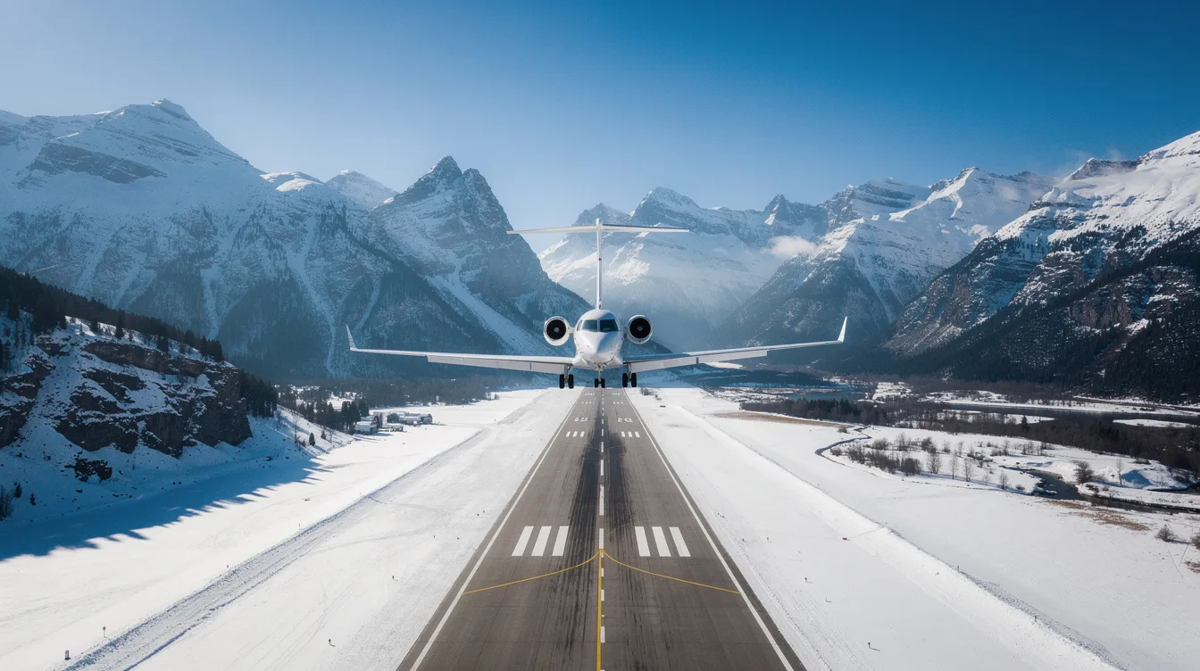 A private jet is seen approaching an airport runway nestled among snow-capped mountains, set against a backdrop of clear blue skies, highlighting the allure of private aviation and the luxury of private jet flights. This scene captures the essence of exclusive travel, often offered by the largest private jet companies.