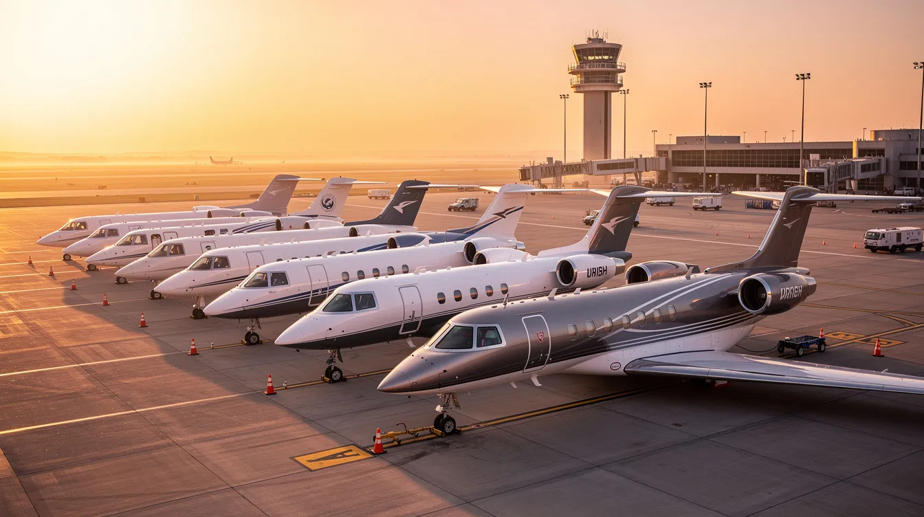 A fleet of private jets is lined up on an airport tarmac during golden hour, with a control tower visible in the background, showcasing the luxury and accessibility of private aviation. The scene highlights various types of business jets, emphasizing the services offered by the largest private jet operators.