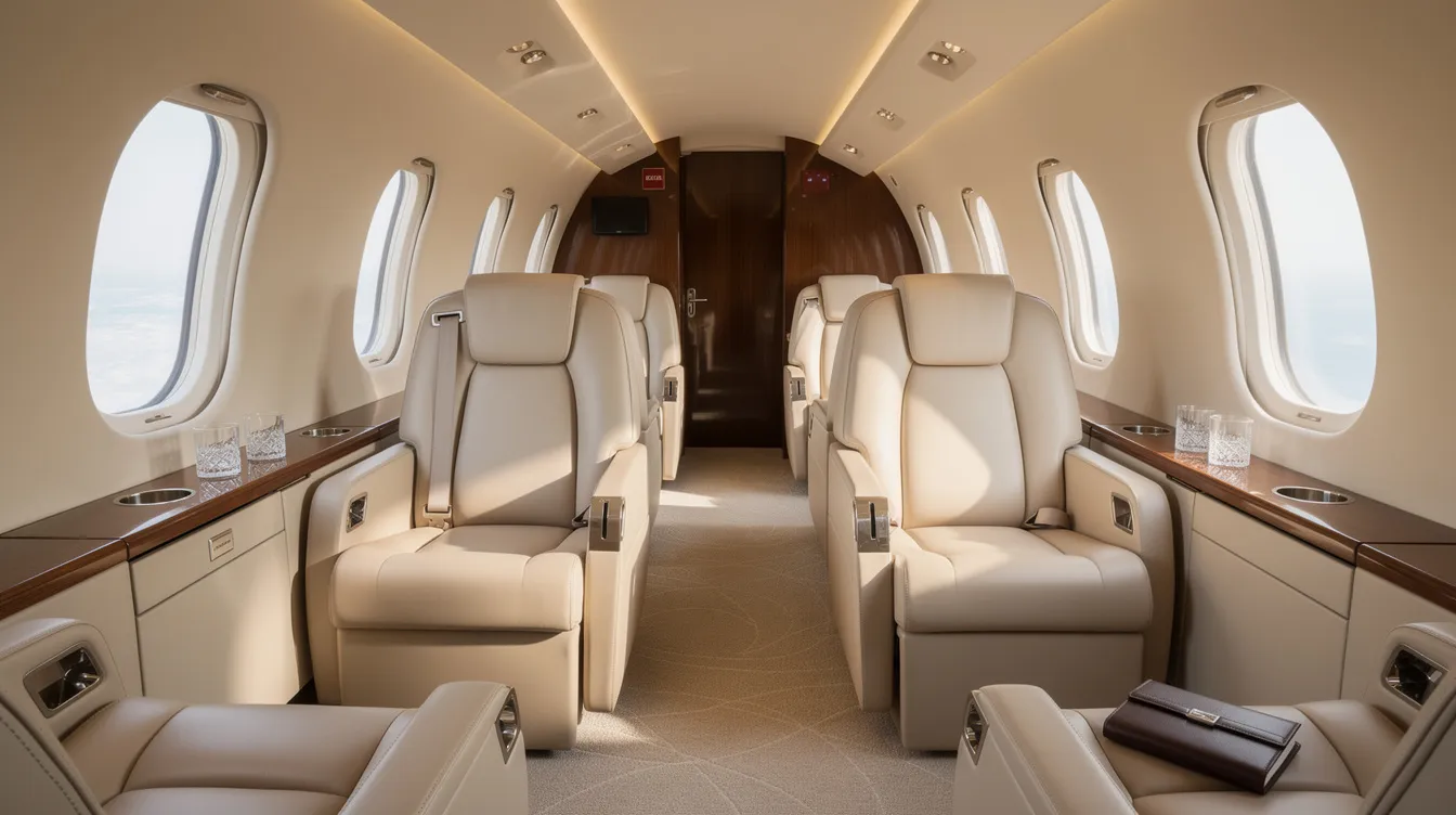 The image depicts the interior of a luxurious private jet cabin, featuring plush leather seats and ample natural light streaming through oval windows, creating an inviting atmosphere for private aviation travelers. This elegant space is designed for comfort and sophistication, ideal for business executives and high net worth individuals who value the benefits of private jet ownership and fractional ownership options.