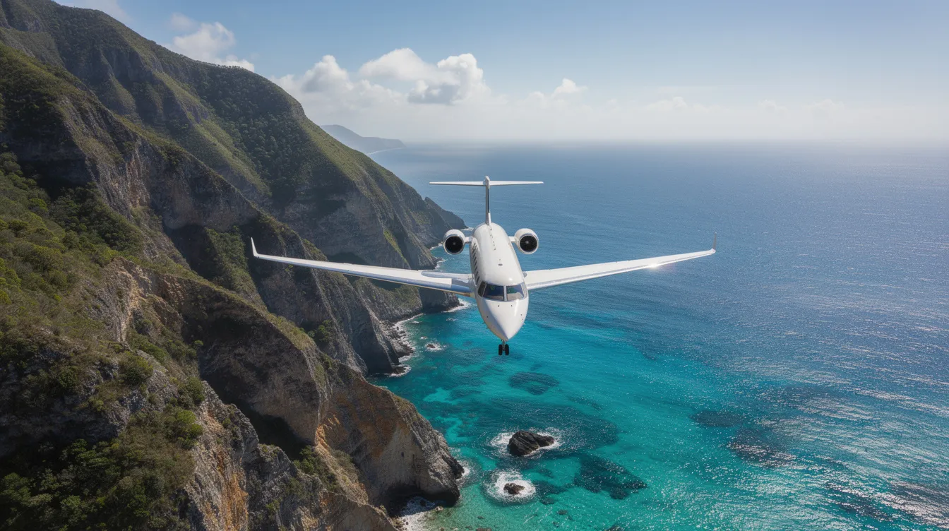 A private jet soars gracefully above a stunning mountainous coastline, with the vibrant blue waters glistening below. This scene captures the essence of private aviation, highlighting the luxurious travel experience that comes with private jet ownership or fractional ownership options.