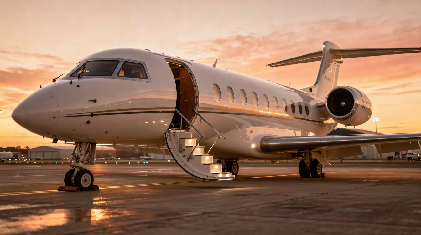 A luxurious large-cabin private jet stands on the tarmac at sunset, with its door open and stairs extended, showcasing its sleek design and modern features. This private jet represents the pinnacle of aviation, embodying the elegance of high-speed travel and the allure of the fastest private jet in the world.