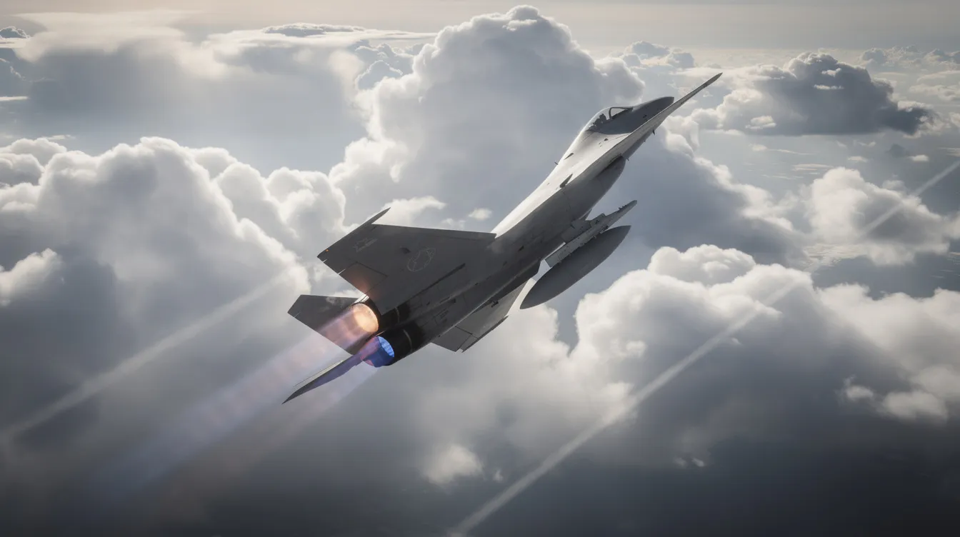 A military fighter jet is climbing steeply through clouds at high altitude, with its afterburners glowing, showcasing its capability to reach supersonic speeds. This powerful aircraft, designed for air superiority and combat missions, exemplifies modern stealth technology and high-speed flight.