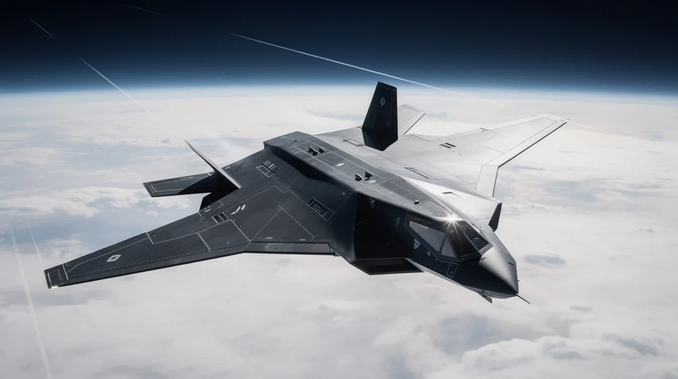 A dark, angular reconnaissance aircraft, embodying advanced stealth technology, soars at extreme altitudes above a blanket of clouds, with sunlight reflecting off its titanium fuselage. This record-breaking aircraft, designed for high-speed flight, represents the pinnacle of modern aviation, capable of reaching supersonic speeds and executing complex reconnaissance missions.