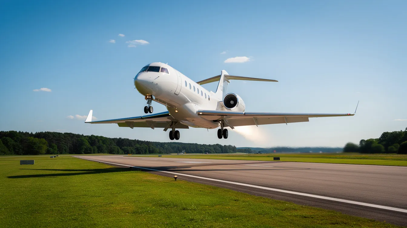 A sleek, modern private jet is taking off from a runway, soaring into clear blue skies above a lush green landscape. This aircraft represents the pinnacle of aviation technology, capable of reaching supersonic speeds and setting speed records, making it one of the fastest private jets in the world.
