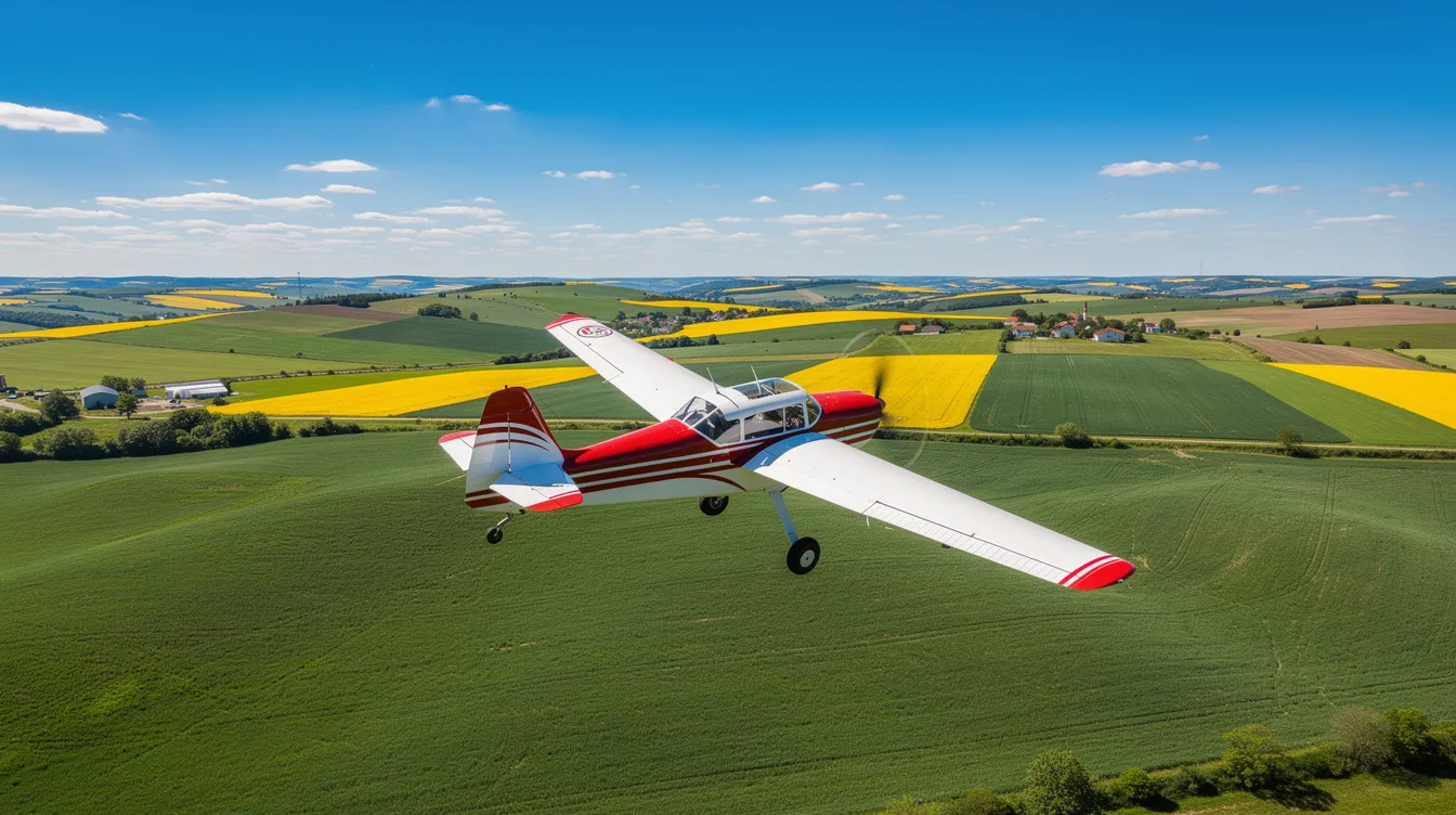 A small Cessna 150 aircraft is gently banking over lush green farmland, with a bright blue sky providing a vibrant backdrop. The scene captures the essence of flight training, showcasing the aircraft's high wing design and sleek lines as it gracefully navigates the landscape.