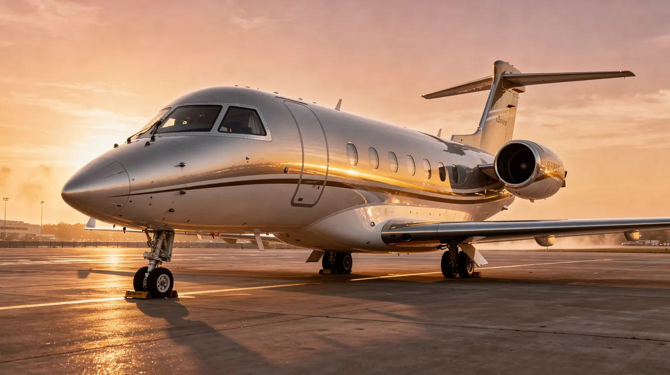 A sleek modern private jet is parked on the tarmac at sunset, with warm golden light reflecting off its fuselage, showcasing its aerodynamic design. The scene captures the elegance of the aircraft, highlighting its polished surface and the tranquil atmosphere of the evening sky.