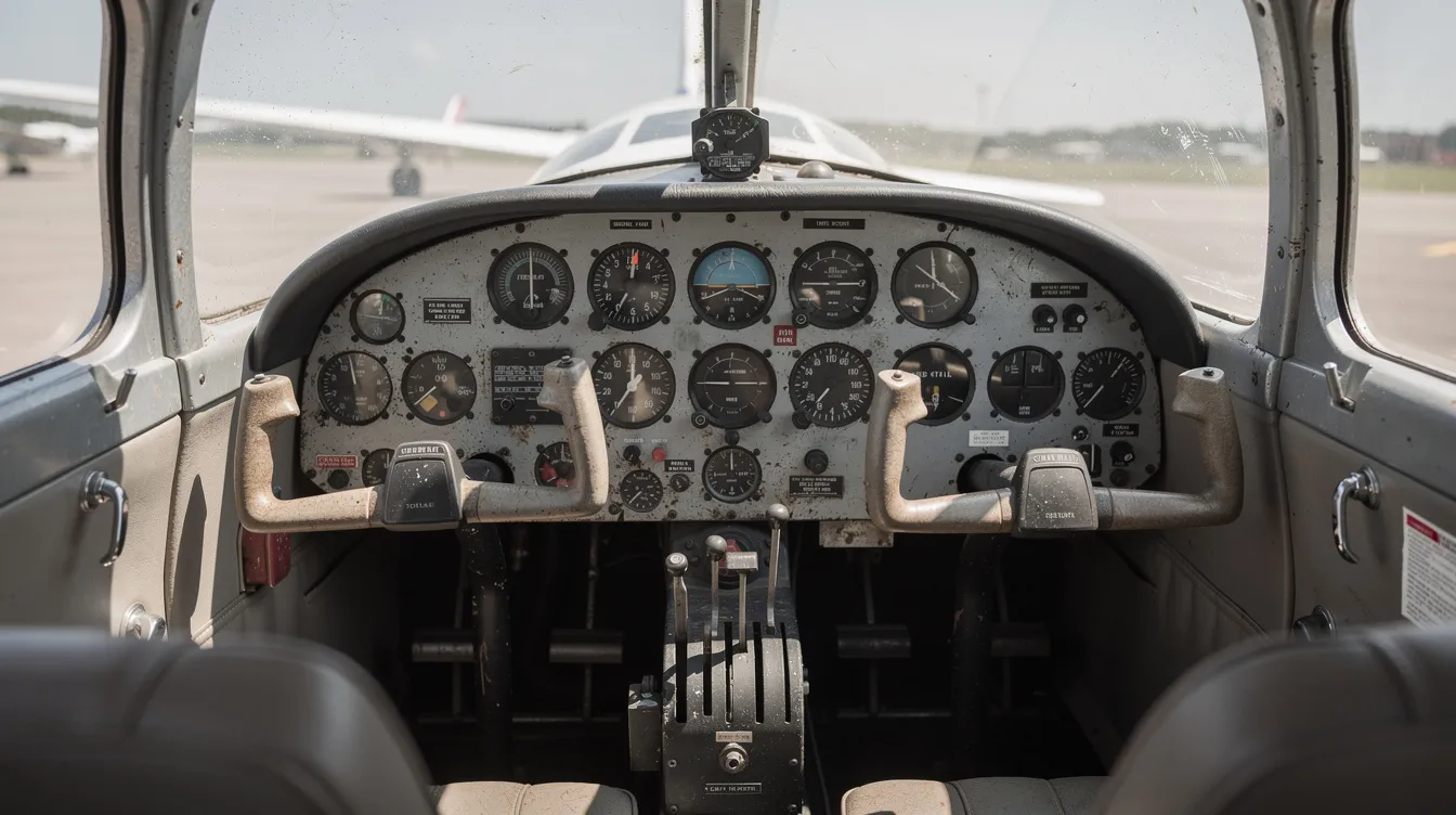 The image depicts a vintage two-seat airplane cockpit interior, featuring round analog flight instruments, dual yokes, and a simple throttle quadrant typical of Cessna aircraft models. The design reflects the classic elements of flight training, emphasizing the cockpit's functionality for pilots in smaller aircraft like the Cessna 150.