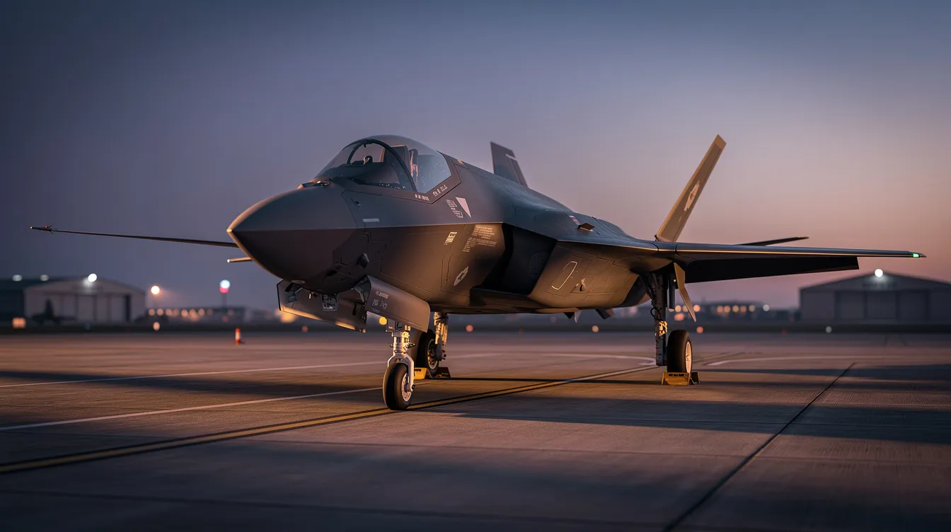 A sleek modern stealth fighter jet is parked on a military runway at dusk, illuminated by warm light reflecting off its canopy. The aircraft, designed for air superiority, showcases its high-performance capabilities and advanced technology in a tranquil evening setting.