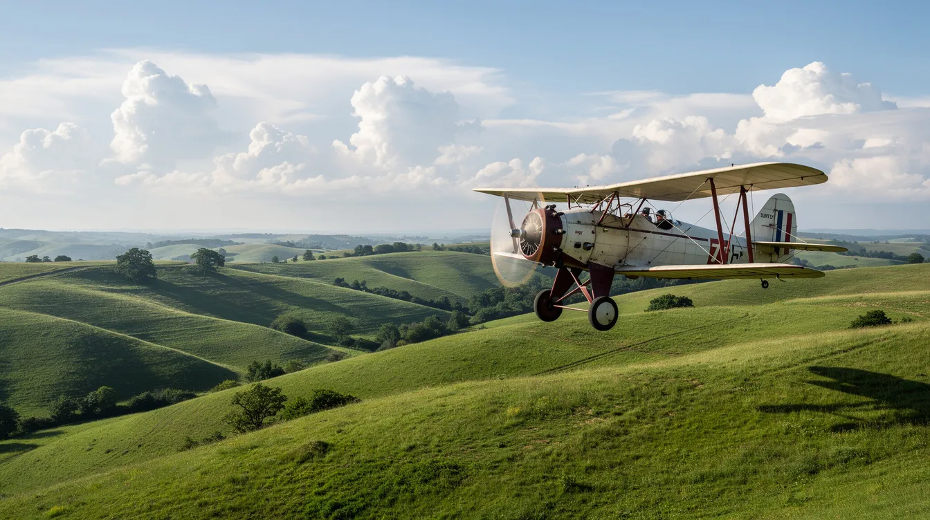 A vintage biplane, characterized by its fabric-covered wings, is flying low over lush green rolling hills, with fluffy clouds in the background. This aircraft evokes a sense of nostalgia for early aviation and military history, reminiscent of the biplanes used during World War I and II.