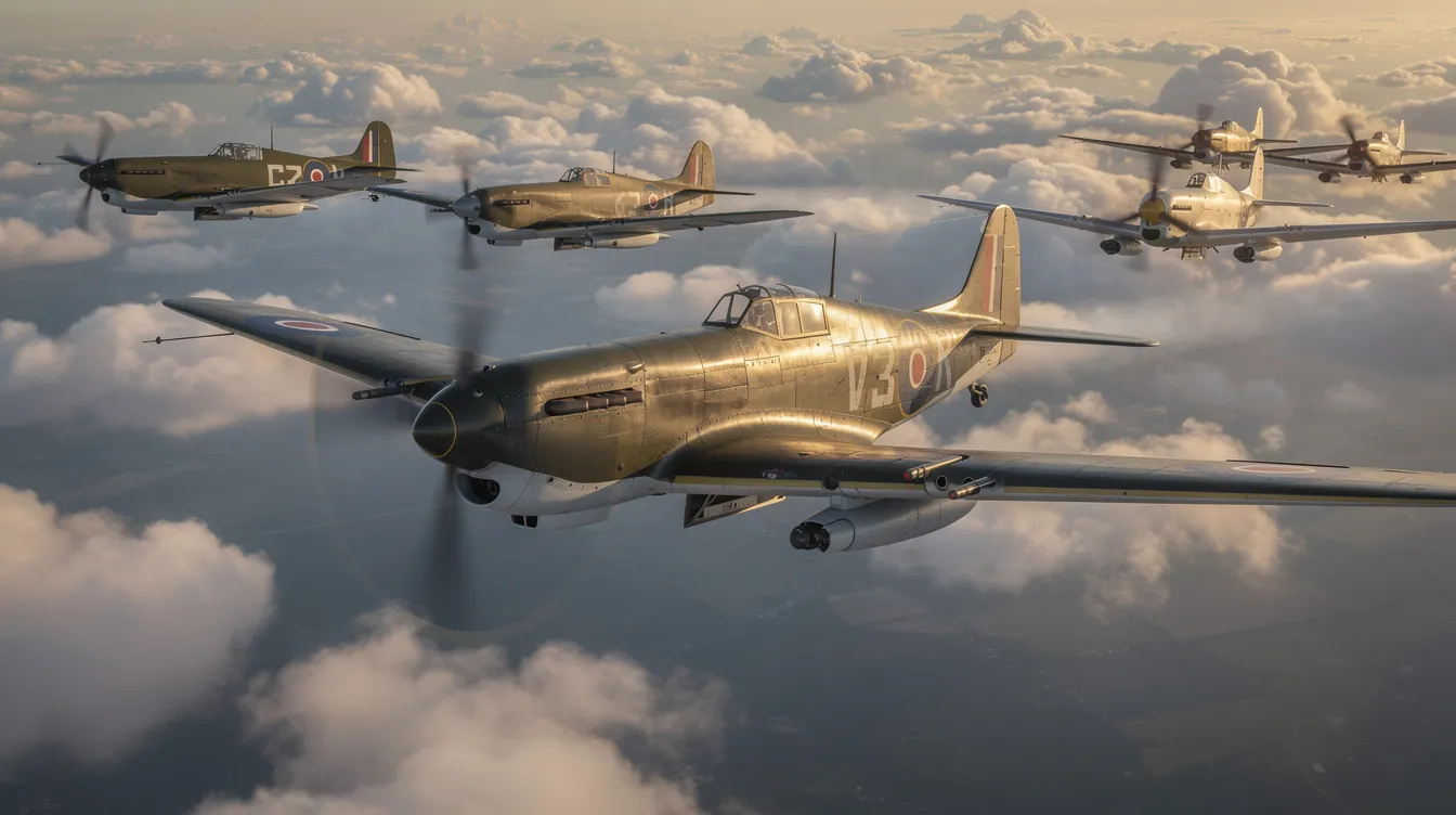 A formation of World War II era fighter aircraft with propellers is flying through scattered clouds, showcasing their agility and air superiority as they navigate the skies. These military planes, designed for combat and reconnaissance, represent the powerful engines and capabilities of aviation during the war.