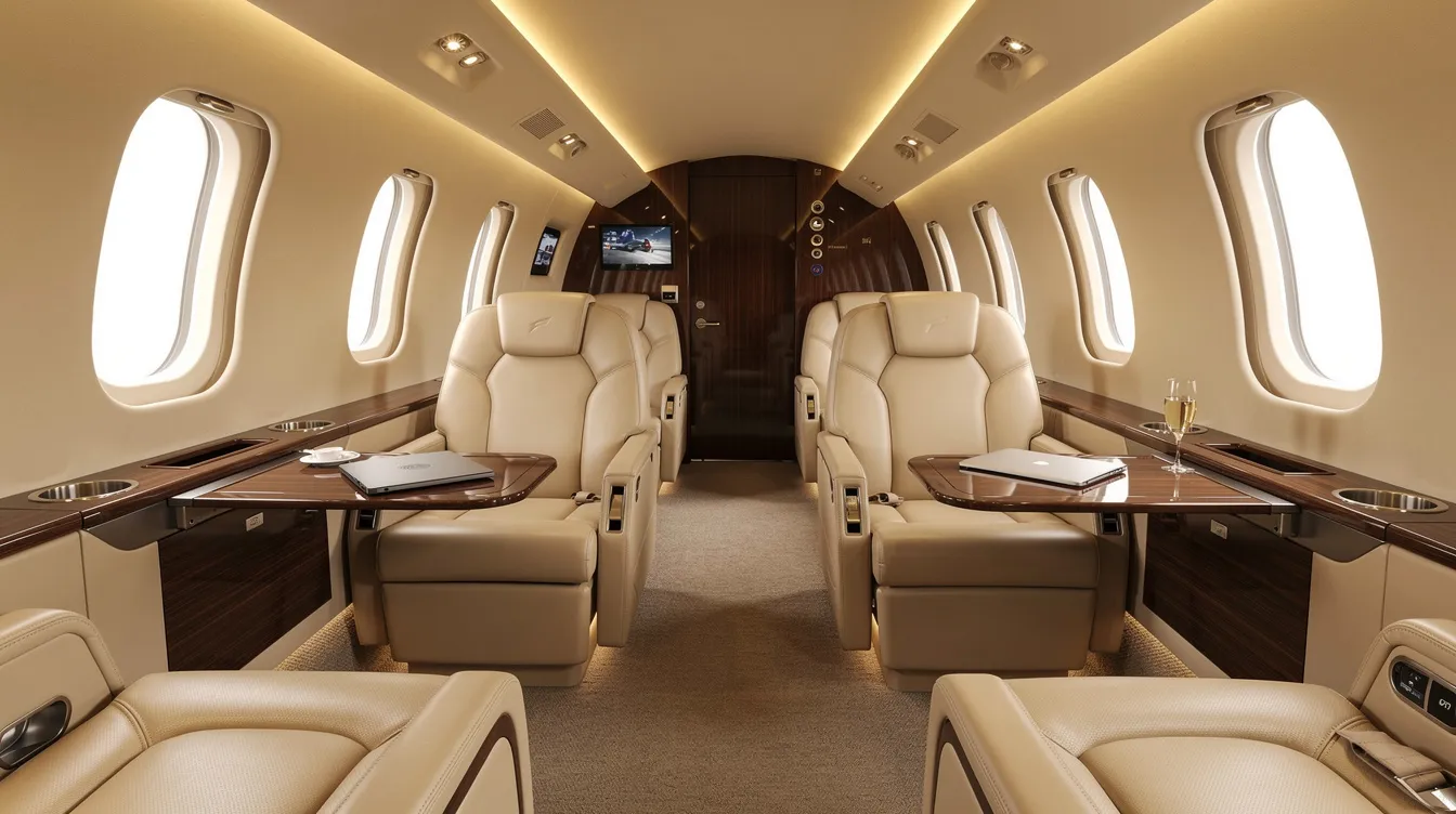 The image depicts the interior of a modern private jet cabin, featuring cream leather seats and warm ambient lighting that creates a luxurious and inviting atmosphere for travelers. This elegant setting is ideal for those seeking a comfortable journey, whether flying direct to popular destinations like Florence or enjoying last minute flights for a spontaneous trip.