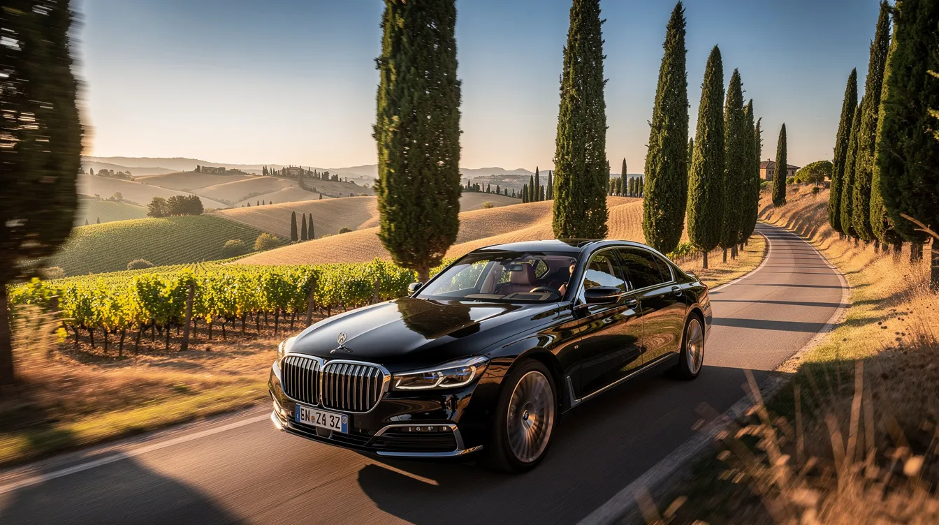A luxury black sedan drives along a picturesque cypress-lined road, surrounded by the rolling hills of Tuscany under a clear blue sky, evoking the charm of Italy. This scenic route is a popular destination for travelers looking to experience the beauty of Florence and its stunning landscapes.