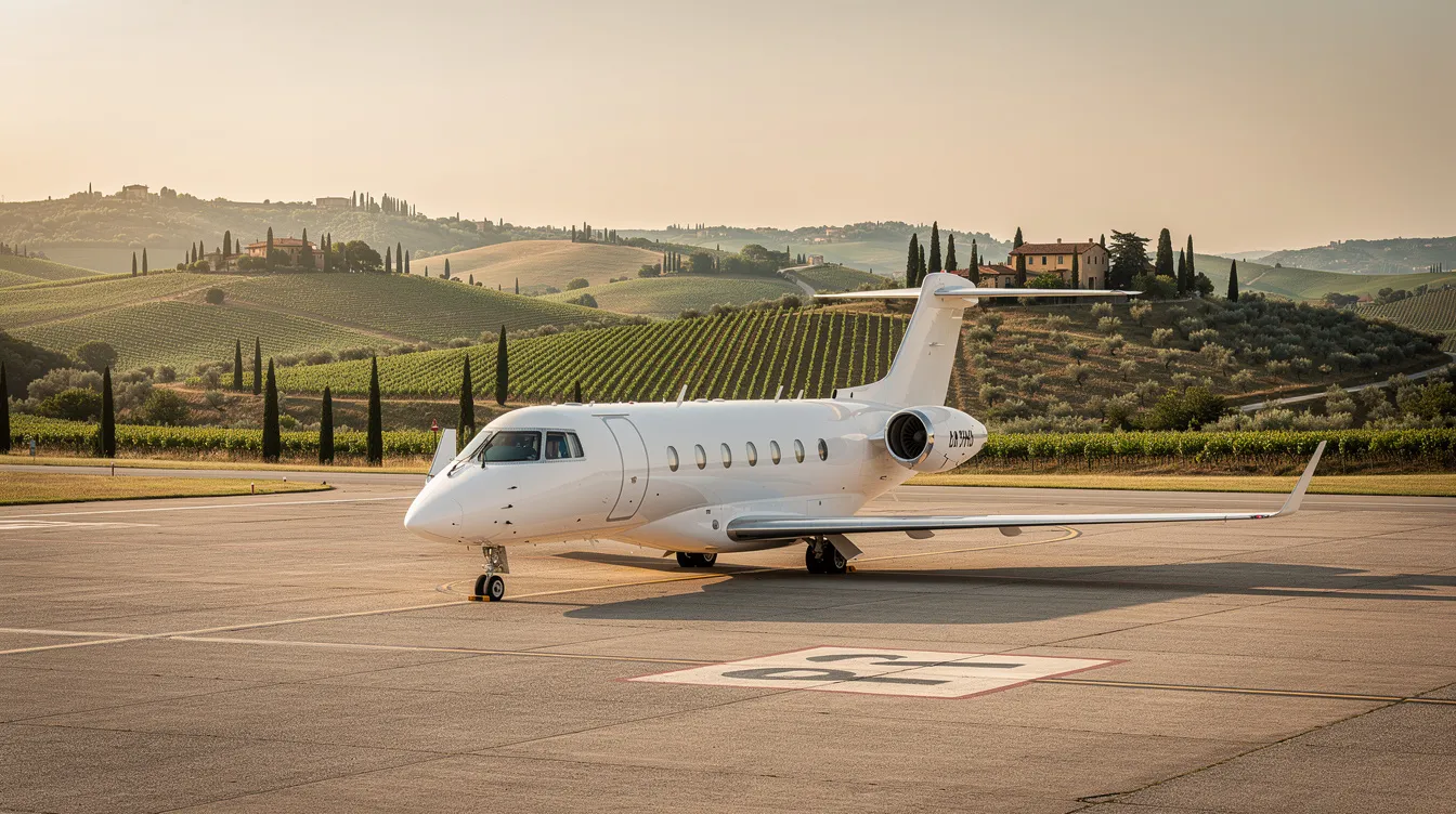 A private jet is parked on the tarmac of a small airport, with the lush green Tuscan hills and iconic cypress trees creating a picturesque backdrop, ideal for travelers looking to fly to Florence, Italy. This serene location offers easy access to popular destinations like downtown Florence, where one can explore landmarks such as the Florence Cathedral and the Uffizi Gallery.