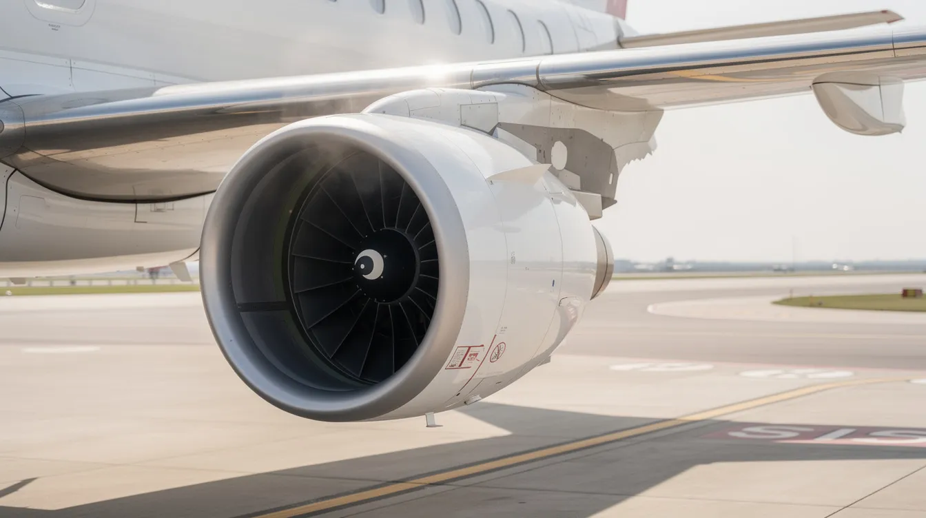 A close-up view of a twin-engine turbofan mounted on the wing of a regional jet, with the airport tarmac visible below, showcasing the aircraft's advanced avionics and fuel efficiency features typical of the Embraer E175. This image highlights the design elements of modern regional aviation, emphasizing the aircraft's role in commercial service and its operational history.