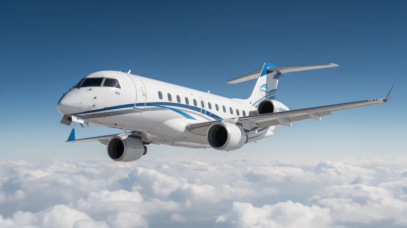 A twin-engine regional jet, such as the Embraer E175, soars above a blanket of clouds against a backdrop of clear blue sky. This aircraft, known for its fuel efficiency and passenger comfort, is commonly used for regional flights by airlines like United Express and Delta Connection.