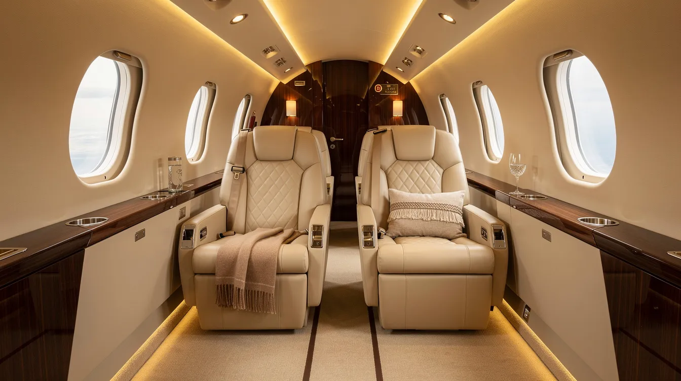 The image depicts the interior of a luxury private jet cabin, featuring plush leather seats arranged in a dual-class configuration, complemented by warm ambient lighting that enhances passenger comfort. This elegant space is designed for regional flights, showcasing the premium amenities and advanced avionics typical of the Embraer E jet family.