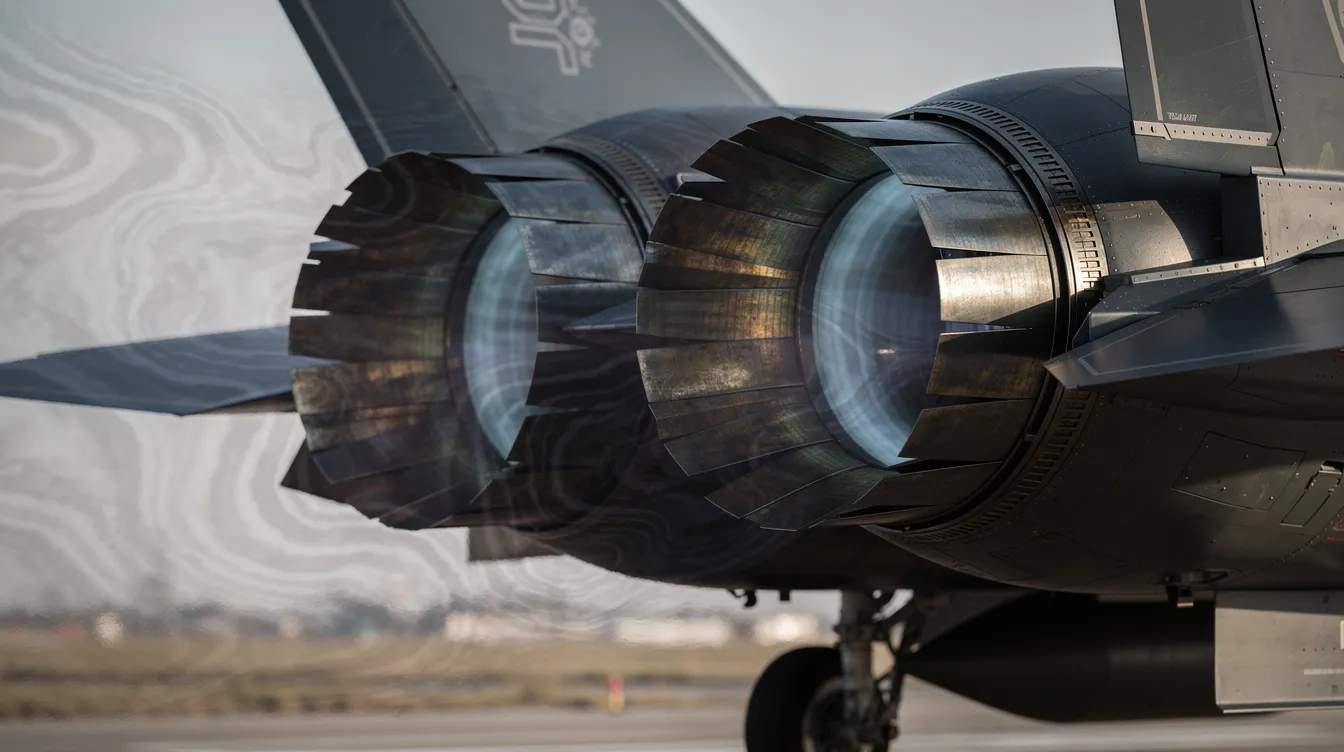 A close-up view of twin fighter jet engine exhaust nozzles reveals visible heat shimmer, showcasing the powerful thrust of the F-15 fighter aircraft. The image highlights the advanced engineering behind air superiority fighters, emphasizing their performance in aerial combat and ability to track enemy aircraft at high speeds.