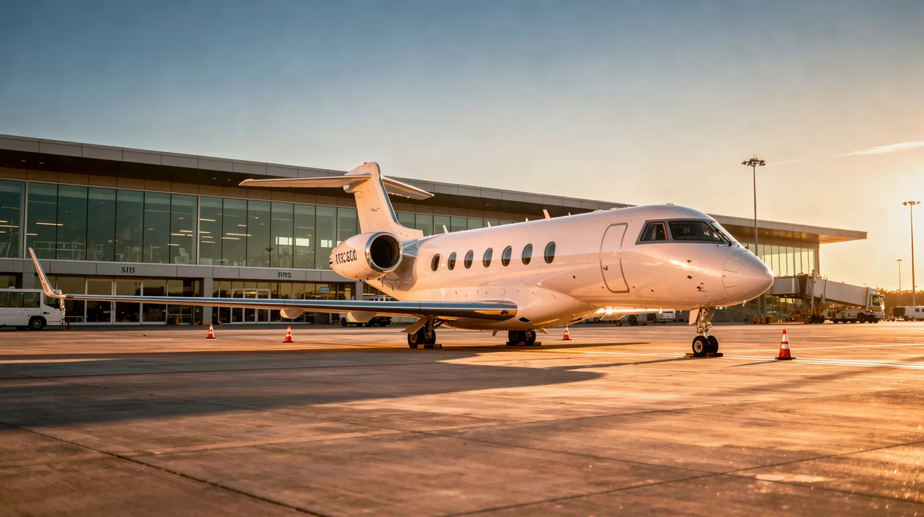 A sleek private business jet is parked on a tarmac during golden hour, with a modern terminal in the background. The aircraft showcases a design that emphasizes air superiority, reflecting advanced avionics and a streamlined silhouette, ideal for high-speed operations.