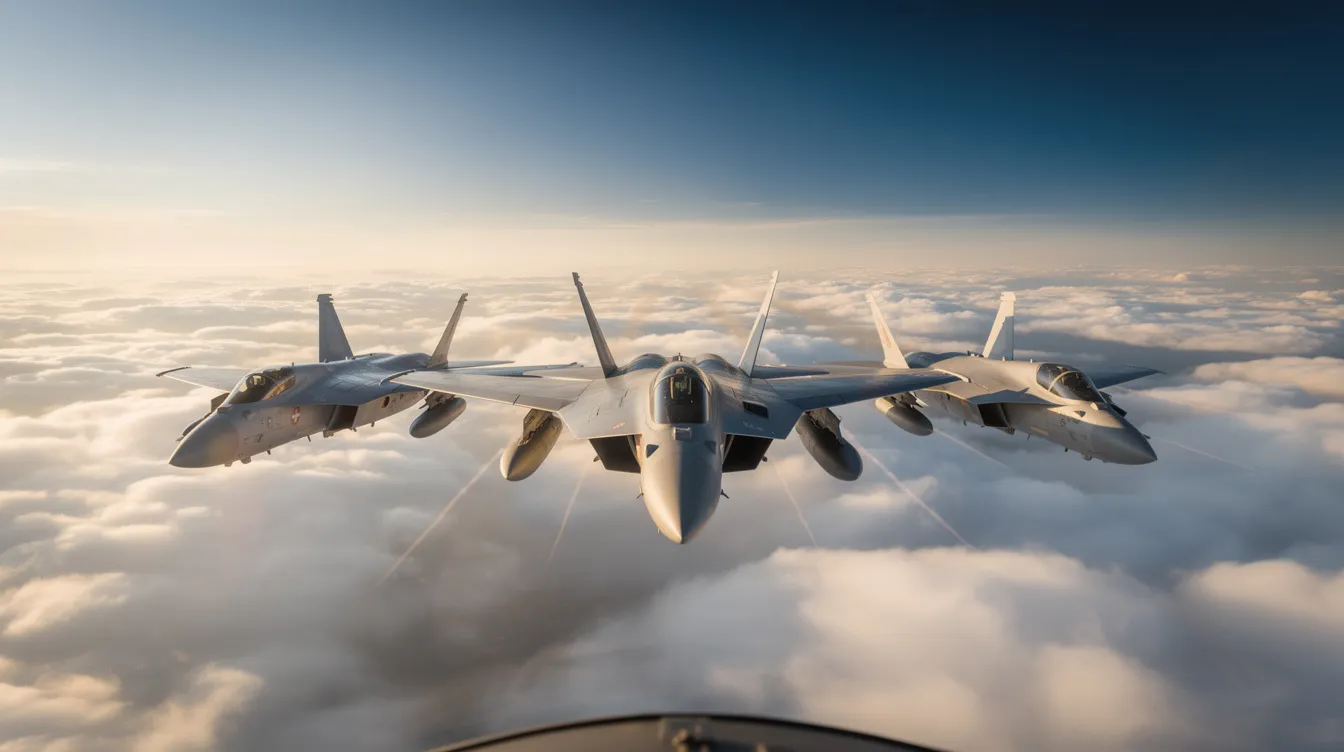 Three military fighter jets, specifically F-15 Eagles, are flying in a tight echelon formation above a dense layer of clouds, showcasing their air superiority capabilities. The aircraft are equipped with advanced avionics and weapons controls, designed for effective aerial combat and high-speed performance.