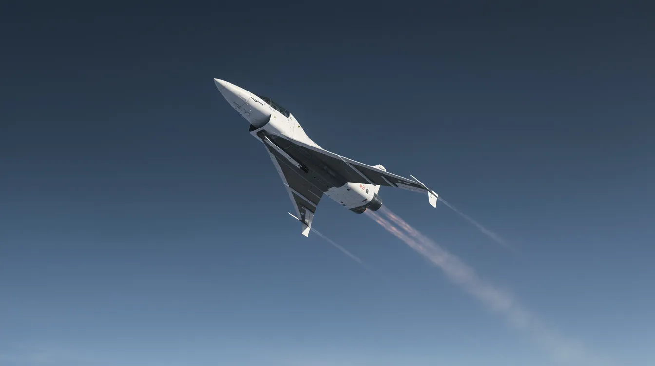 An experimental rocket-powered aircraft climbs steeply into a deep blue sky, leaving a faint exhaust trail behind it, showcasing its potential to reach supersonic speeds. This high-speed flight is indicative of advancements in supersonic combustion ramjet technology, pushing the boundaries of speed records in aviation.