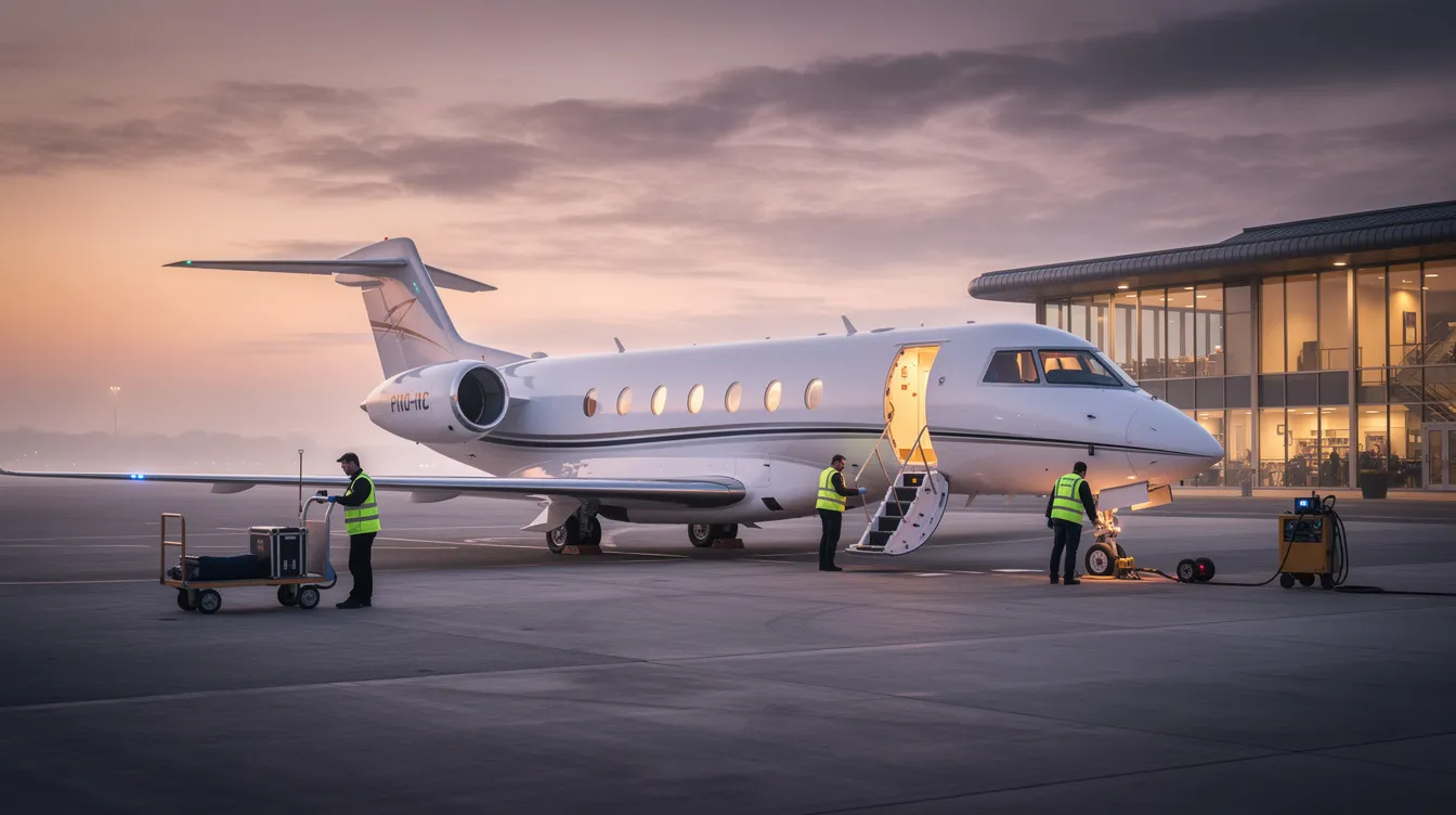 A modern private jet, known for its sleek design and advanced technology, is parked at a private terminal at dusk, with ground crew members preparing it for departure. The scene captures the essence of high-speed travel, reminiscent of the fastest private jets and their capability to achieve supersonic speeds.