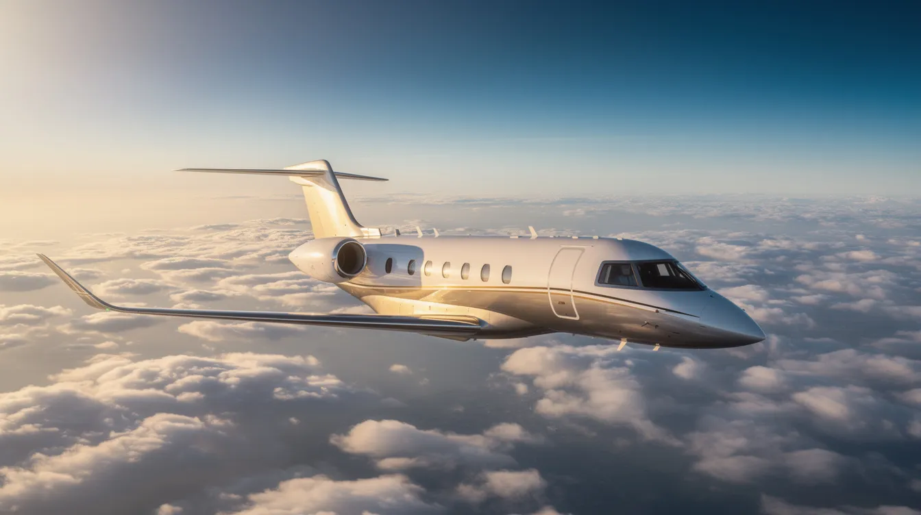 A sleek private jet soars at high altitude above a layer of fluffy clouds, with golden sunlight reflecting off its fuselage, embodying the essence of modern aviation and supersonic speeds. This luxurious aircraft symbolizes the pinnacle of high-speed flight, showcasing advanced technology and design.