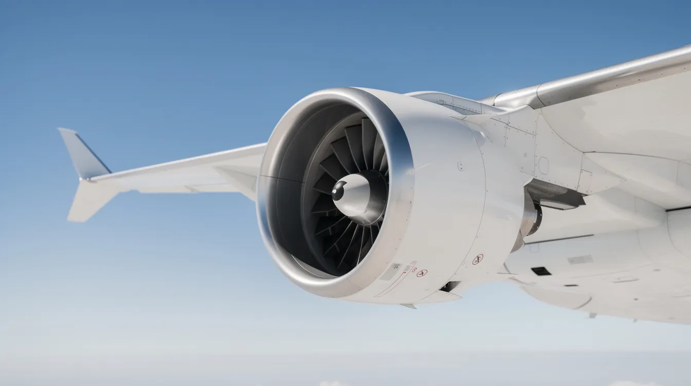 A close-up view of a powerful jet engine mounted beneath a sleek, swept-wing aircraft, with a clear blue sky in the background. This image highlights the intricate design of the engine, which plays a crucial role in achieving the cruising speed necessary for commercial service and efficient flight.