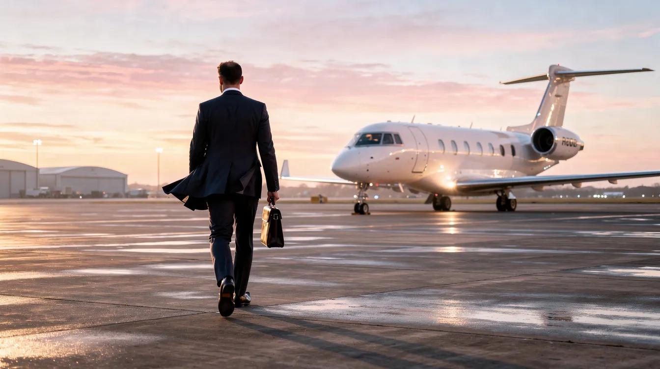 A business executive is walking toward a sleek private jet, likely a Boeing 747, parked on a quiet airport tarmac at dawn, with the soft light illuminating the aircraft's wings and powerful engines. The scene captures the anticipation of takeoff, highlighting the jet's impressive design and capabilities in aviation.