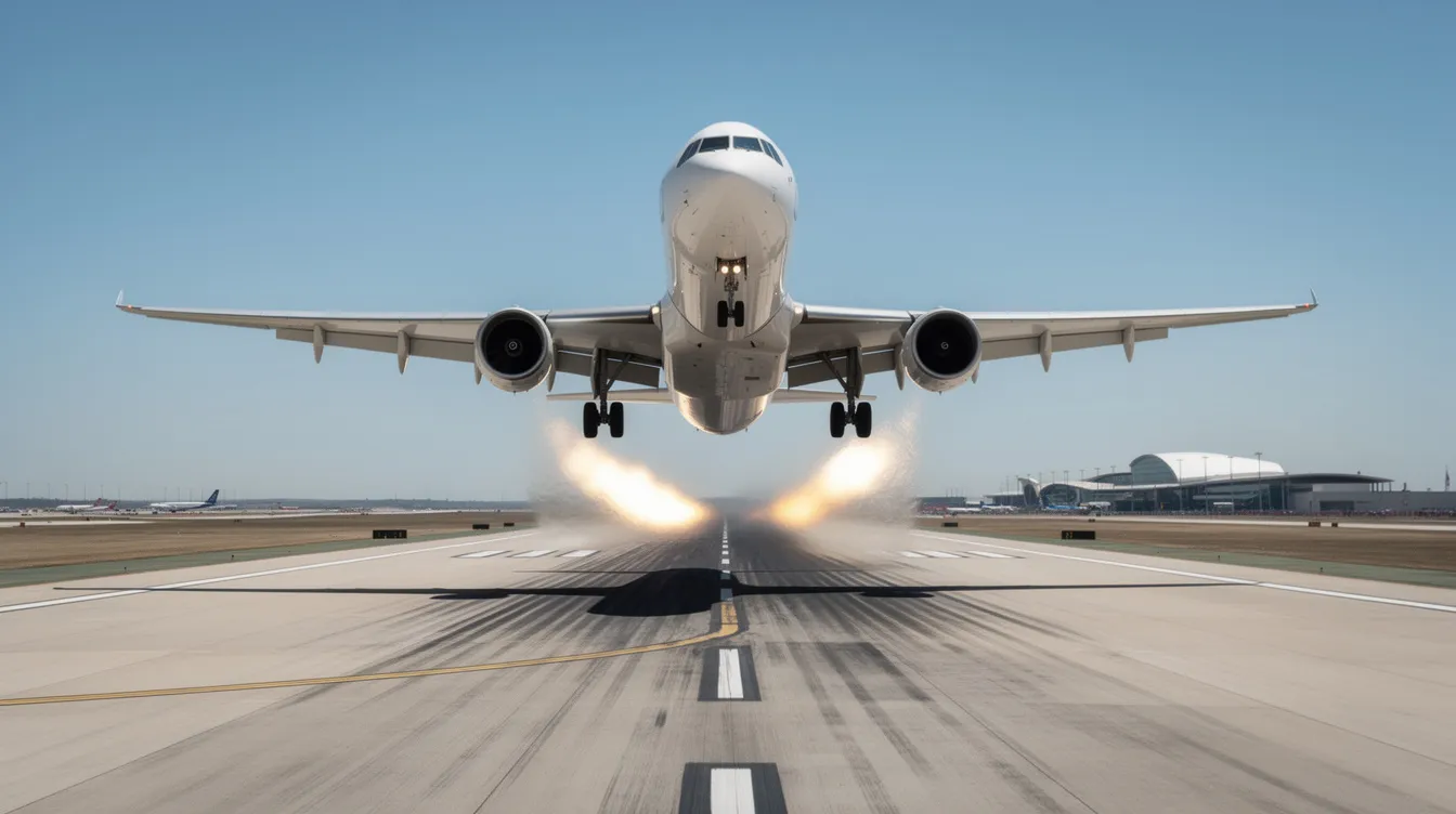 A large Boeing 747, known for its powerful engines and efficient wing design, is lifting off a long runway, leaving behind a trail of heat haze in the warm air. This jumbo jet, capable of carrying heavy payloads, is achieving takeoff speed as it ascends into the skies.