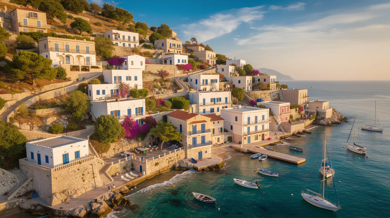 An aerial view showcases a picturesque Mediterranean coastal town, where white buildings elegantly cascade down a hillside into the vibrant turquoise waters below, embodying the essence of leisure and the international jet set lifestyle. The scenic painting captures a world where fashionable and wealthy people might gather to enjoy the beauty of air travel and live events by the sea.