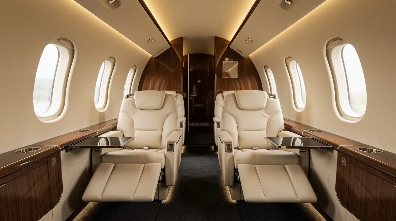 The image depicts the luxurious interior of a private jet cabin featuring cream-colored leather seats and elegant wood grain accents, illuminated by soft ambient lighting, embodying the opulence associated with the international jet set lifestyle. This stylish space is designed for wealthy travelers looking to enjoy air travel in comfort and sophistication.