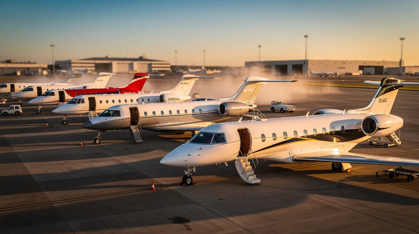 The image depicts a lineup of sleek private jets on a tarmac, showcasing the innovation and design of modern aviation. These aircraft represent the future of flight, committed to providing fast and sustainable travel options for passengers around the world.