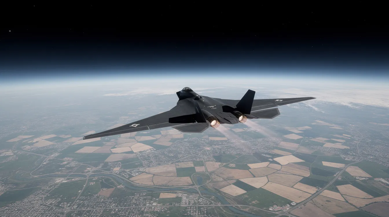 A dark reconnaissance jet is soaring at extreme altitude, showcasing its sleek design as it glides above a patchwork of land far below. This advanced aircraft, capable of supersonic flight, embodies the pinnacle of aviation technology and high-speed flight.