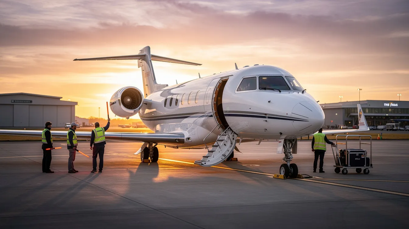 A modern large-cabin business jet is parked on a private tarmac at sunset, with a ground crew nearby preparing for departure. The sleek aircraft, designed for high-speed flight, reflects the warm hues of the setting sun, showcasing its sophisticated airframe and luxurious design.