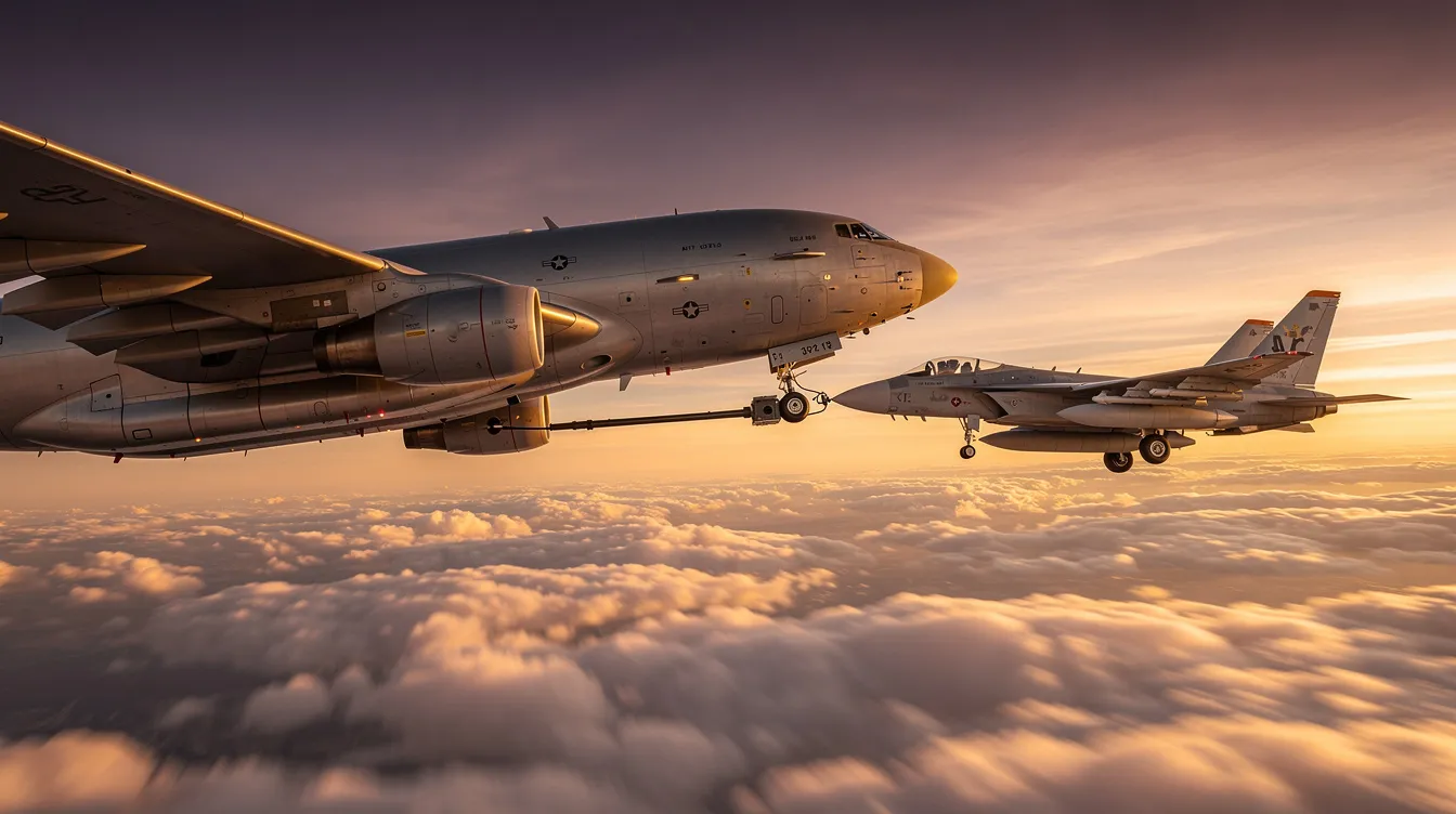 A large military tanker aircraft is in the process of refueling a fighter jet mid-air, set against a stunning sunset sky with soft clouds below, showcasing a remarkable moment in aviation history. The scene highlights the intricate operations of military aircraft in the air.