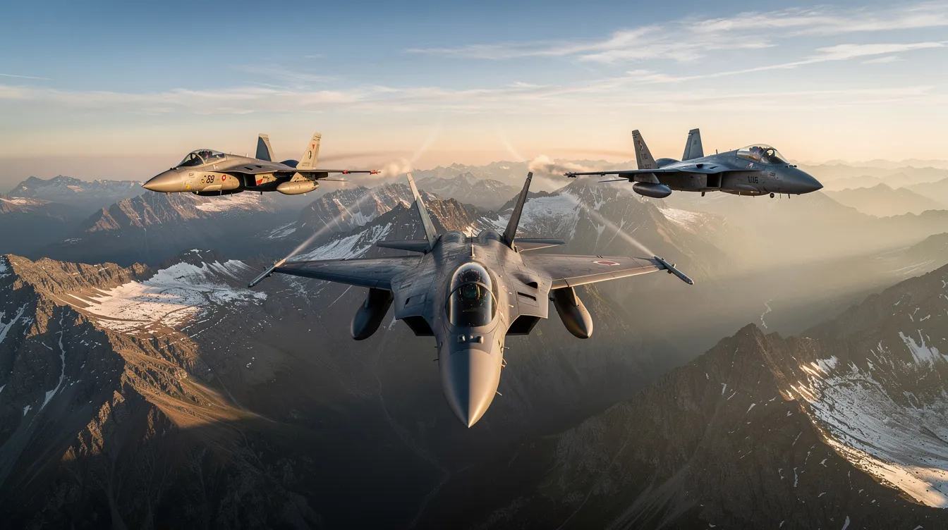 Three different modern military fighter jets soar through the air in a loose formation above rugged mountainous terrain, showcasing their sleek designs and powerful wings as they navigate the skies. This image captures the essence of advanced military aircraft in action, highlighting their role in modern aerial operations.