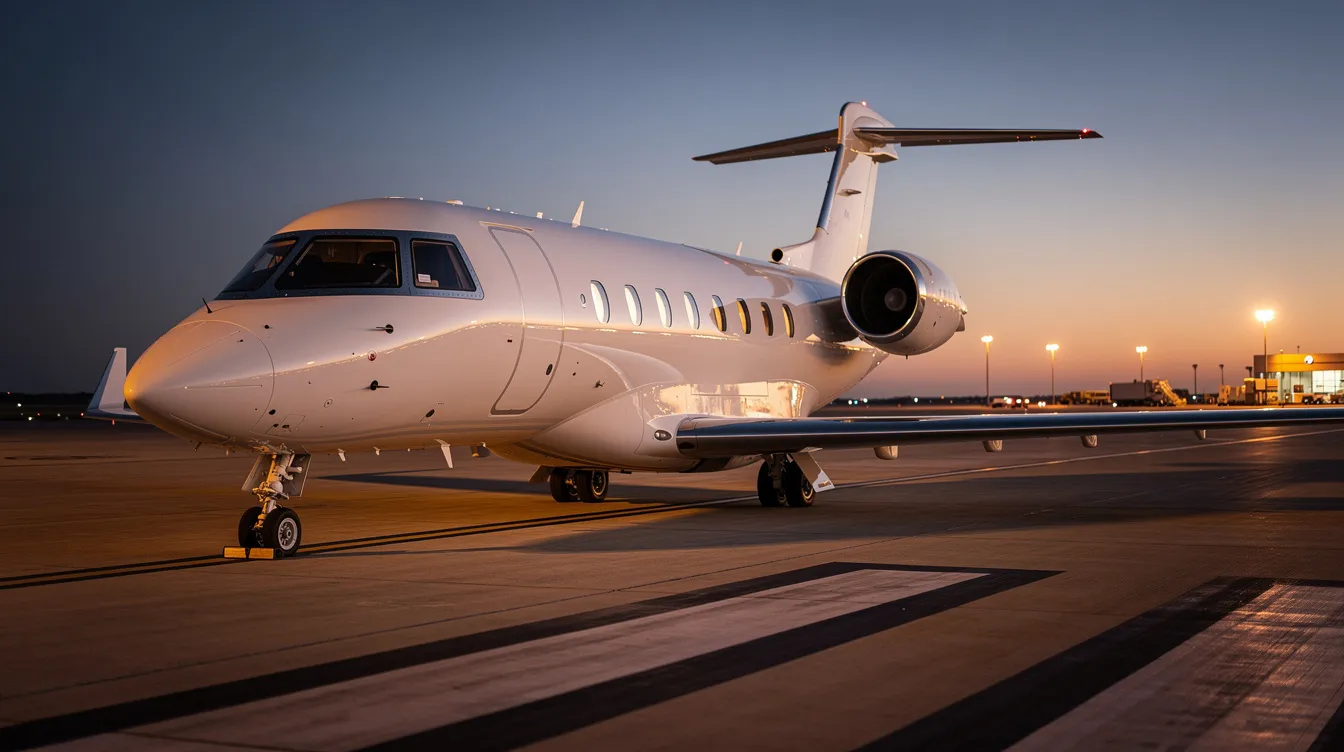 A sleek modern private jet is parked on a tarmac at dusk, with warm ambient lighting reflecting off its polished fuselage, showcasing its elegant design. The scene captures the aircraft's wings and body, highlighting the intersection of luxury and aviation history.