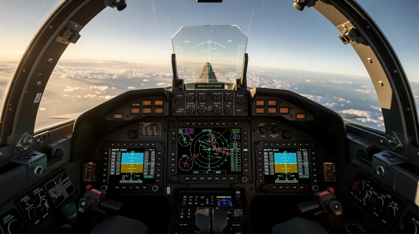 A close-up view of a military fighter jet cockpit showcases glowing multifunction displays and a heads-up display visible through the canopy, highlighting the advanced technology used in modern warplanes. The intricate controls and instruments reflect the aircraft's role in aerial combat and its historical significance in military aviation.