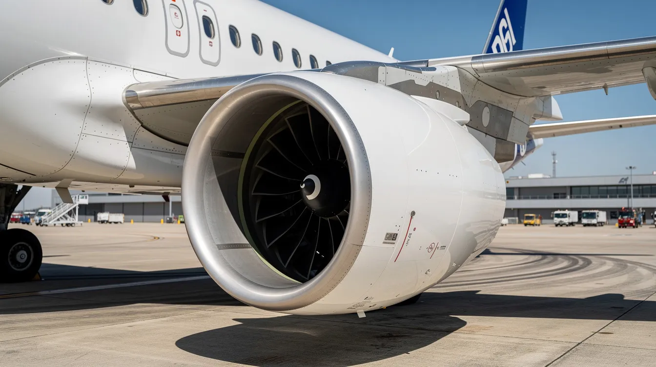 A close-up view of a large turbofan jet engine mounted beneath the wing of a narrow-body aircraft, likely a Boeing 737 model, shines under the bright sun on a tarmac, showcasing its efficient design and engineering in aviation. The image captures the intricate details of the engine, reflecting the advanced technology used in modern airlines.