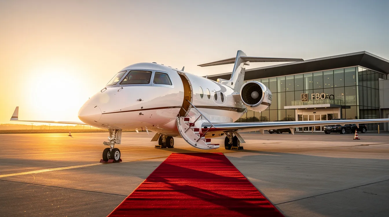A sleek private jet is parked on the tarmac of an exclusive FBO terminal, with a luxurious red carpet leading to the aircraft stairs, all bathed in the warm glow of golden hour. The scene captures the elegance of aviation, highlighting the aircraft's design and the exclusivity of private flight.