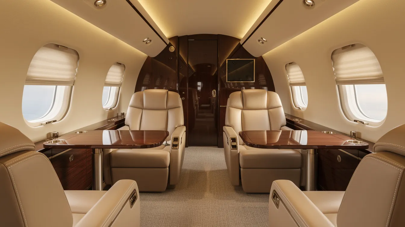 The image depicts a luxurious private jet cabin interior featuring wide leather seats, polished wood tables, and soft ambient lighting, creating an elegant atmosphere for flying. This sophisticated design reflects the high standards of modern aviation and offers a comfortable space for passengers.