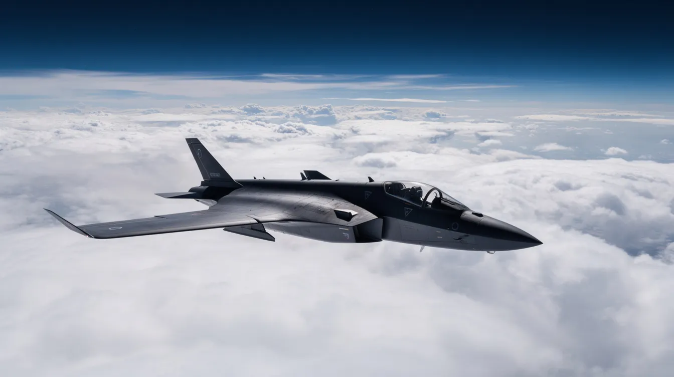 A sleek dark military jet soars high above a layer of fluffy white clouds, set against a deep blue sky, showcasing the raw speed and agility characteristic of the fastest fighter jets in the world. This aircraft exemplifies advanced technology and stealth, highlighting its capability in modern air combat.