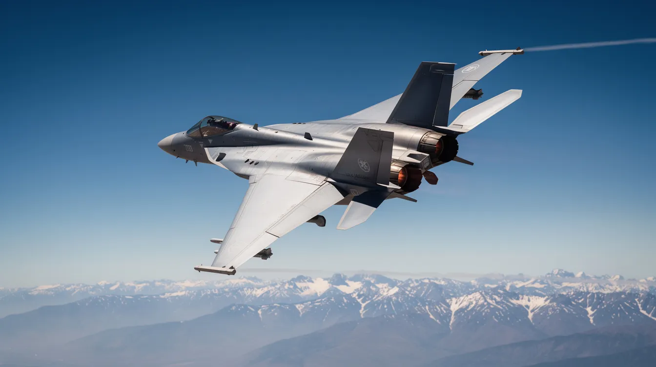 A twin-engine fighter jet is banking sharply against a clear blue sky, showcasing its agility and maneuverability, with majestic mountains visible far below. This scene highlights the raw speed and advanced technology of modern military jets, essential for air combat and dominance in the skies.