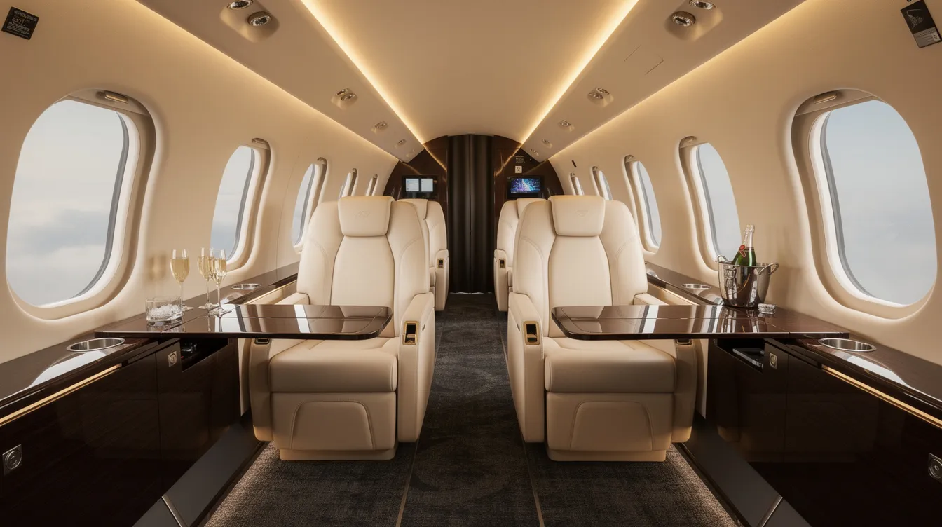 The image depicts the interior of a luxurious private jet cabin, featuring plush leather seats and soft ambient lighting that creates an inviting atmosphere. This elegant space reflects the sophistication of modern aviation, offering comfort and style for those who fly in air superiority.