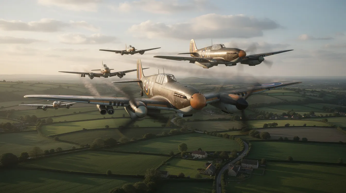 A formation of vintage World War II propeller fighters gracefully flies over a lush green countryside, showcasing the rich history of aviation and air combat. The aircraft, with their distinctive designs, evoke a sense of nostalgia for the era of air superiority and the brave pilots who flew them.